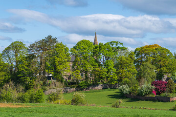 Beautiful Scottish Village Scene with Church Spier peaking through the trees