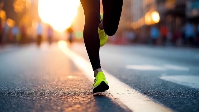 Running at sunset competitive race urban cityscape sports photography vibrant environment dynamic viewpoint