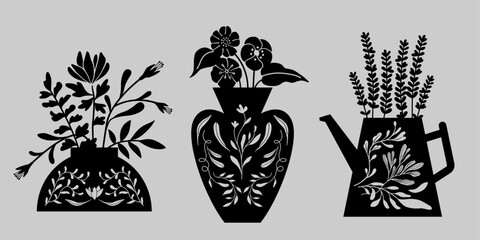 Botanical silhouettes in decorative vessels, Modern pottery design, Flower vases, isolated vector.