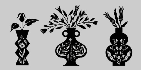 Botanical silhouettes in decorative vessels, Modern pottery design, Flower vases, isolated vector.