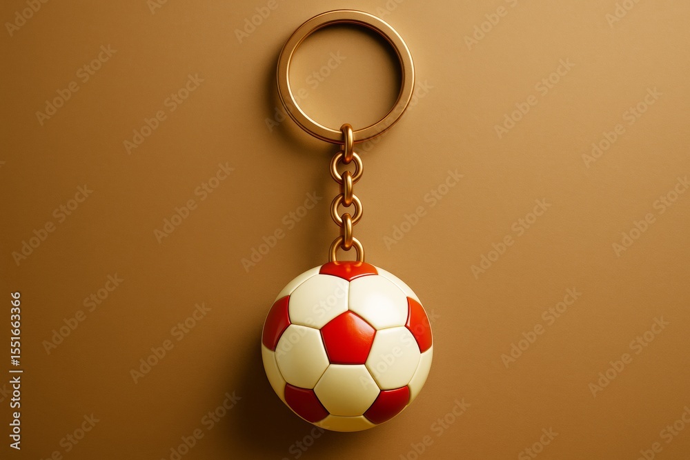 Poster realistic soccer ball keychain with red and white pattern on warm brown background, hanging by golde