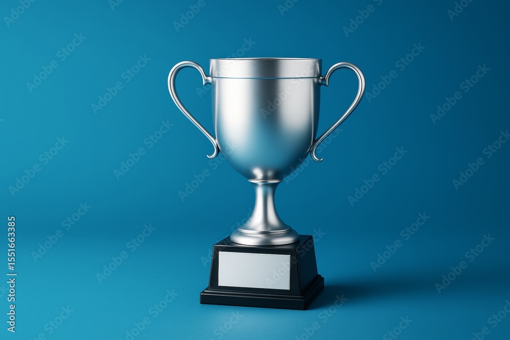Aufkleber silver trophy cup with blank nameplate on blue background for award concept and mockup design with c