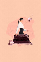 Poster banner collage of person walk with crumpled paper type machine on pastel background