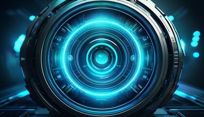 sci fi enhanced vision lens with concentric neon blue scanning rings