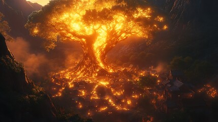 Burning Tree of Souls: A fiery spectacle of a village engulfed by an inferno tree.