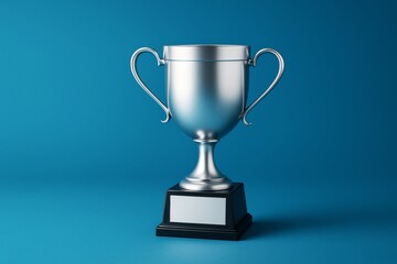 Fototapeta premium Silver trophy cup with blank nameplate on blue background for award concept and mockup design with copy space for advertising or branding template.