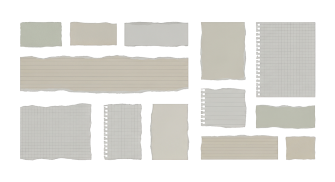 Collection of torn notebook paper sheets with checkered pattern isolated PNG with Transparent Background