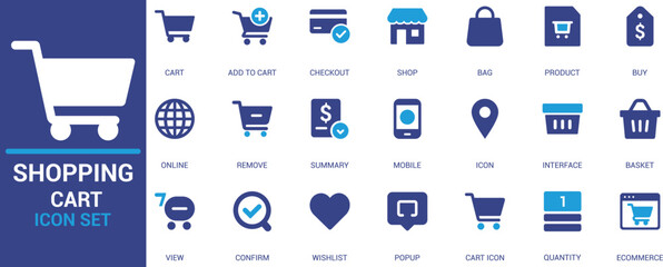 Flat design shopping cart icon set featuring e-commerce elements like add to cart, checkout, bag, product, wishlist, popup, and basket for digital platforms.


