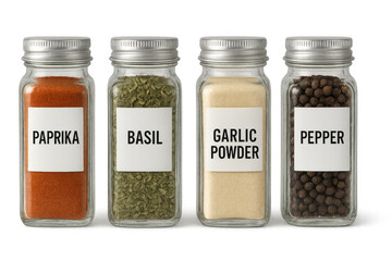 Spice jars containing paprika, basil, garlic powder, and pepper on transparent background