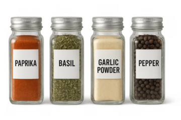 Spice jars containing paprika, basil, garlic powder, and pepper on transparent background