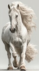 Obraz premium Majestic white horse galloping with flowing mane in a light-filled studio setting