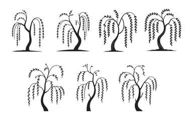 Set of willow silhouettes with drooping branches vector illustration. Includes stylized tree designs with flowing foliage and curved trunks.