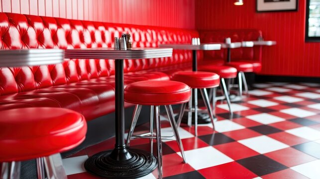 A vibrant and retro diner scene featuring bright red seating and a classic checkerboard floor design, capturing the nostalgic essence of American diner culture in a lively atmosphere.