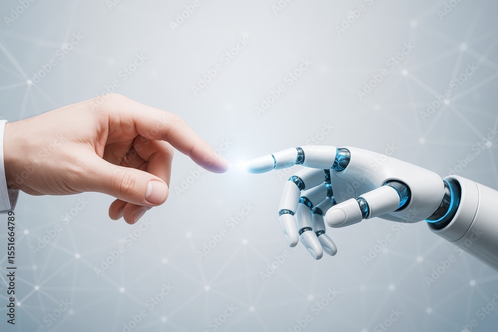 Poster Human finger touching robotic hand fingertip with glowing light on abstract blue background symbolizing connection between man and machine in technology.
