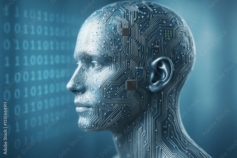 Poster Human face integrated with circuit board and microchips, symbolizing artificial intelligence and future technology on digital binary background light blue..