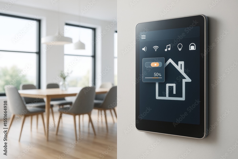 Poster smart home control panel interface on wall inside modern dining room with bright background and natu