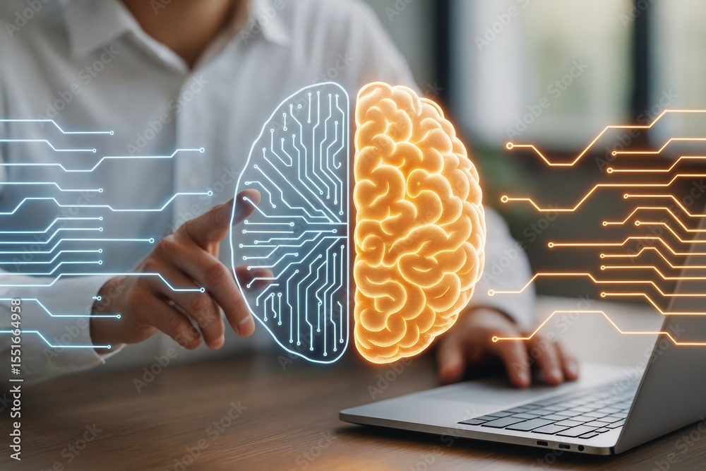 Aufkleber Human hand interacting with illuminated brain-shaped circuit interface symbolizing artificial intelligence and machine learning on tech background..