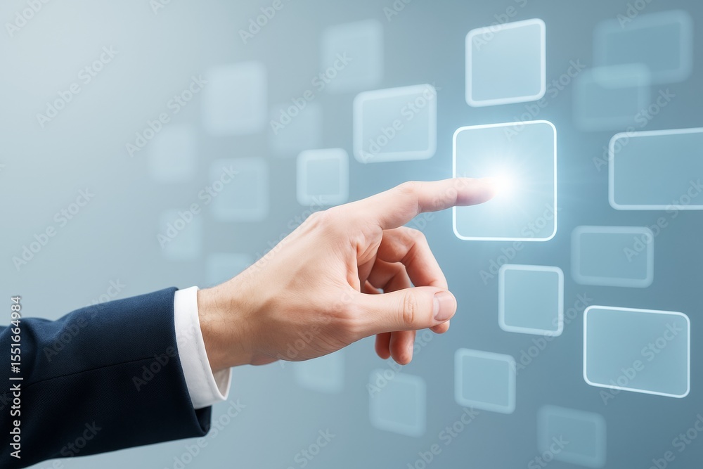 Aufkleber Businessman hand touching a glowing digital button on a futuristic interface with tech-style background and illuminated squares in perspective.