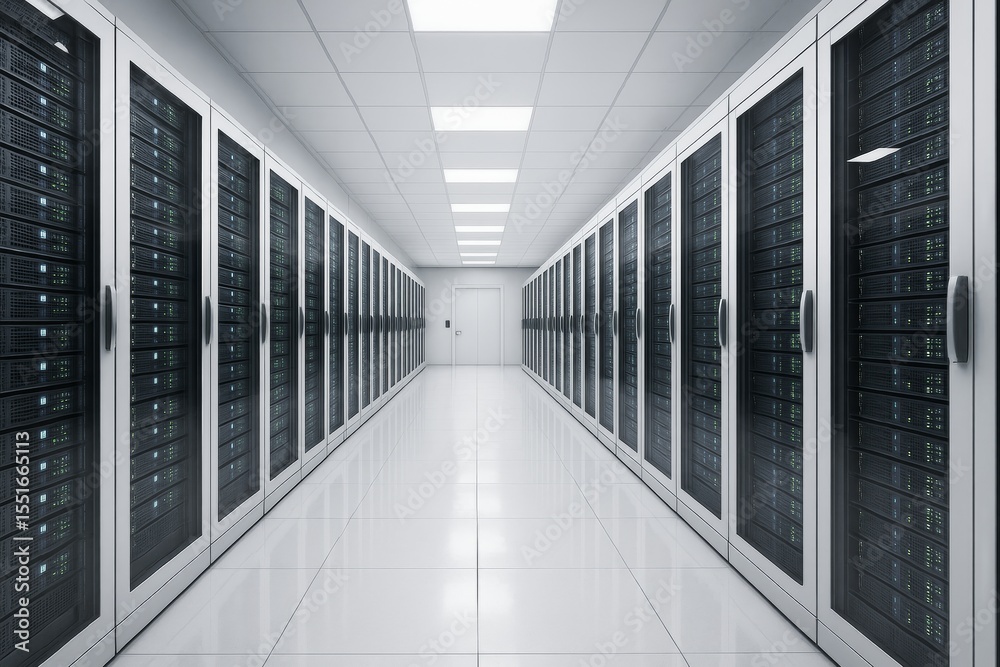 Poster Futuristic data center corridor with symmetrical server racks and bright ceiling light panels in a clean technology environment concept background.