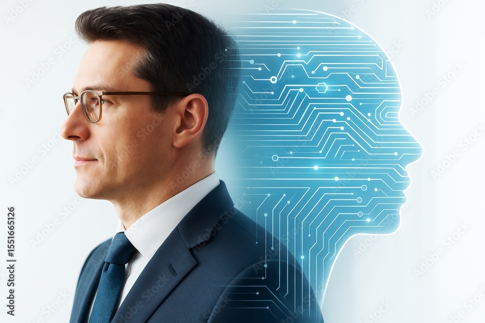 Poster Businessman in suit with AI digital human circuit profile on light background representing artificial intelligence and tech innovation concept.