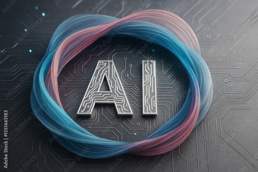 Poster AI circuit letters surrounded by colorful abstract swirl on dark technology background with glowing light elements and futuristic creative style.