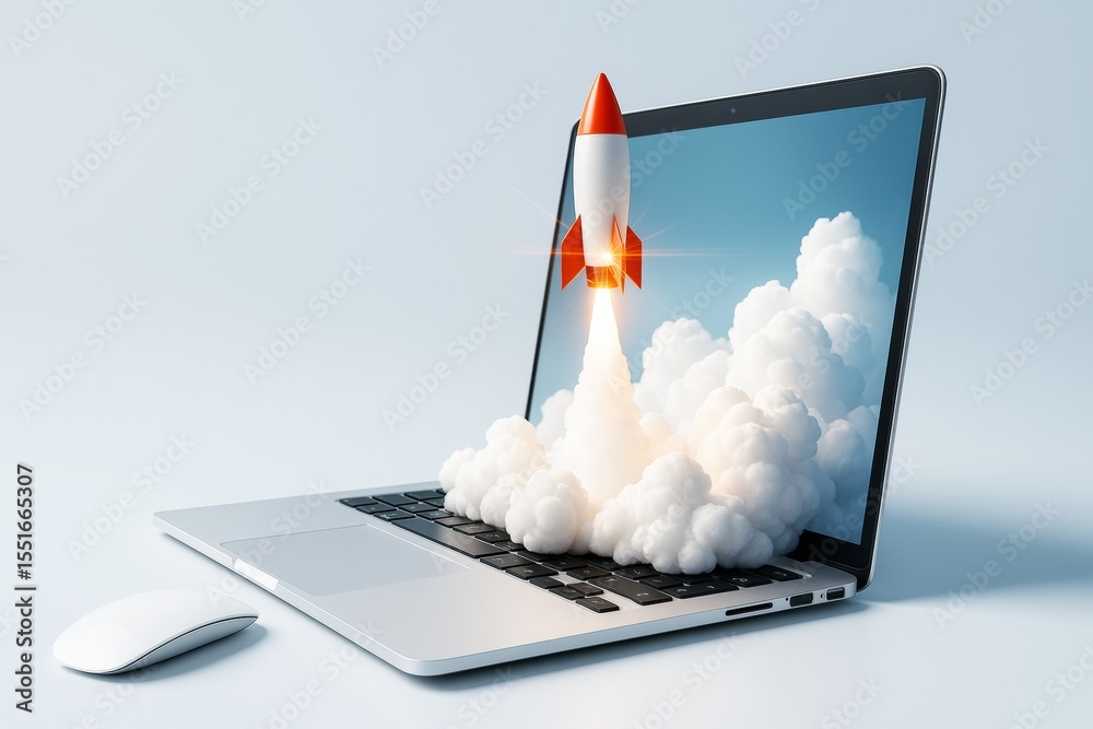 Poster rocket launching from laptop screen with smoke clouds on light background symbolizing tech startup a