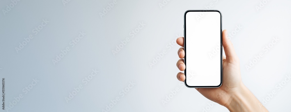 Aufkleber hand holding smartphone with blank screen on clean light background for tech mockup or advertising t