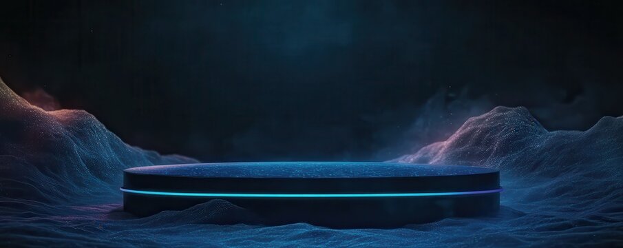 The Wins Prize for Life, a podium stage background with confetti and neon lights for an award ceremony or presentation, a futuristic blue hologram background with light effects and.