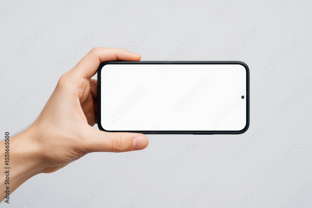 Poster Hand holding smartphone with blank white screen in horizontal position on light background for clean display mockup or poster design template concept.