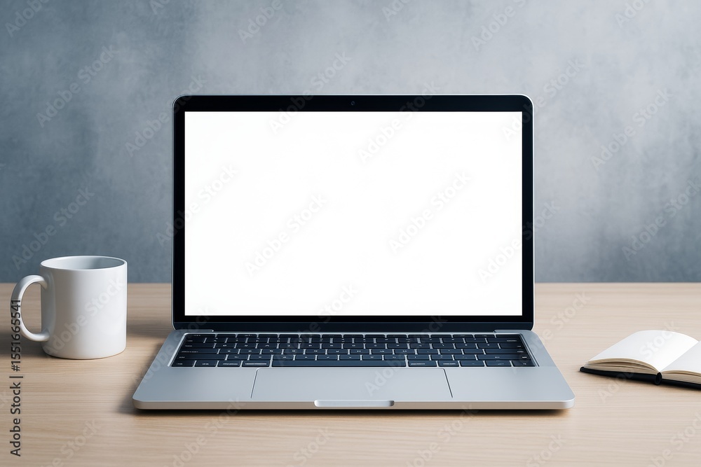 Poster laptop with blank white screen on wooden desk, coffee mug and notebook beside, minimal workspace sce