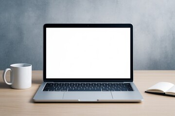 Fototapeta premium Laptop with blank white screen on wooden desk, coffee mug and notebook beside, minimal workspace scene with copy space for business design template.