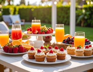 Obraz premium Goûter festif avec cupcakes, plateau de fruits et jus de fruits, servi en terrasse dans un jardin. Generated image