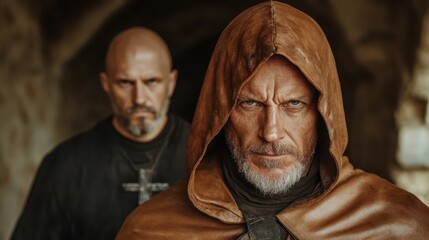 Naklejka premium Two enigmatic figures in a cloaked atmosphere, showcasing tension and intrigue in a historic setting. The contrasting emotions evoke a sense of adventure and storytelling.