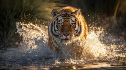 Majestic Tiger Charging Through Water in Golden Sunset Light