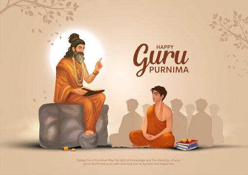 happy guru purnima poster featuring guru blessing disciple.