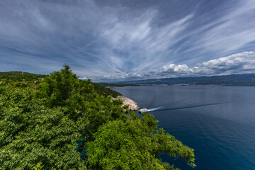 Obraz premium Cityscape of Vrbnik town. Dramatic summer seascape of Adriatic sea, Krk island, Croatia, Europe. Beautiful world of Mediterranean countries.