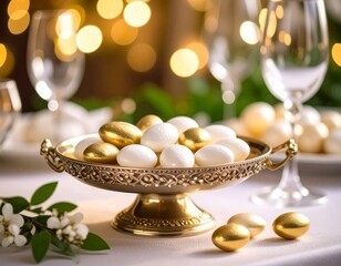 Dragées blanches et dorées dans un petit plat argenté sur une table décorée et festive. Generated image