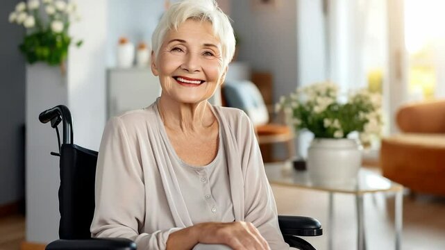 Recovery and resilience: smiling elderly paraplegic woman at home