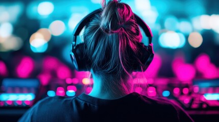 An artistic capture of a DJ immersed in music, wearing headphones while skillfully mixing tracks in a vibrant electronic music environment, creating a euphoric atmosphere.