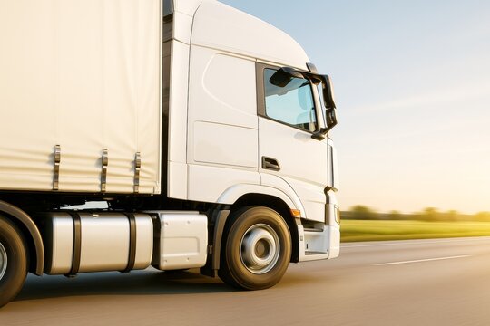 Fototapeta White cargo truck driving fast on highway during golden sunset with motion blur effect on countryside background, symbolizing modern transport.