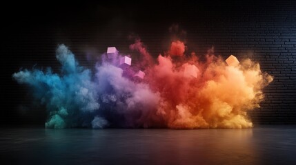 An explosion of vibrant colored smoke creates a mesmerizing abstract scene, blending hues and forms in an artistic representation of emotion, creativity, and expression.