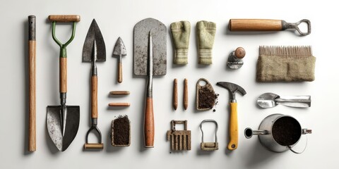 Overhead View of Gardening Tools and Supplies on White Background