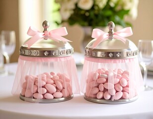Petits sachets en tulle joliment décorés avec rubans et perles, contenant des dragées dans une ambiance festive. . Generated image