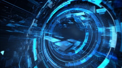 Obraz premium Futuristic circular interface with glowing concentric rings, digital elements, and abstract background in dynamic blue hues, creating a cybernetic, high-tech atmosphere.