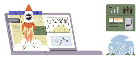 Rocket launching from laptop screen with charts and task board, symbolizing MVP development. Ideal for startup growth, innovation, business analytics, agile workflow, market research, data