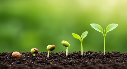Stages of plant growth from seed to sprout in fertile soil with green background