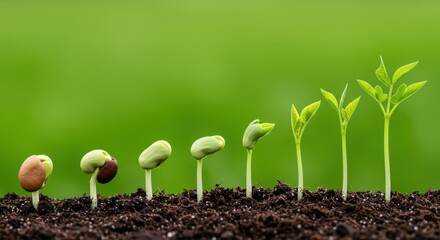 Sequence of bean sprouts growing from seeds in dark soil against a green background