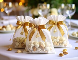 Petits sachets en tulle joliment décorés avec rubans et perles, contenant des dragées dans une ambiance festive. . Generated image
