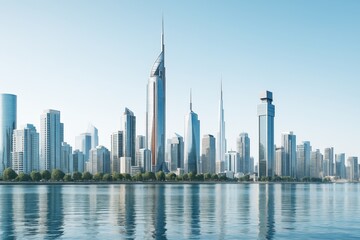 Obraz premium Futuristic skyline of modern city with tall skyscrapers and waterfront under clear blue sky in bright daylight as urban travel background concept.