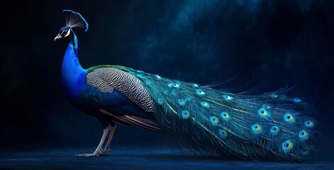 Majestic Blue Peacock With Vibrant Tail Feathers In Dark Setting